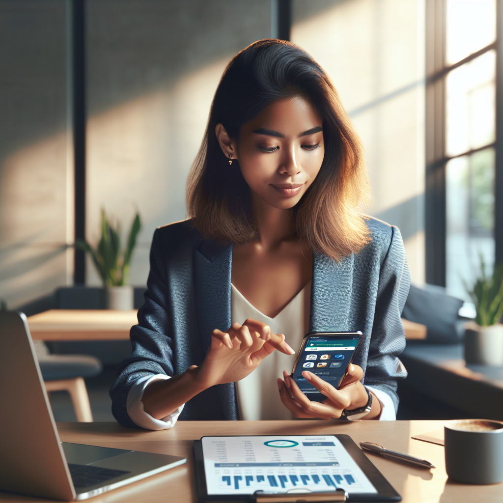 The Best Personal Budgeting Expense Tracking Apps 3 A young professional woman using a personal finance app on her smartphone at a modern desk.