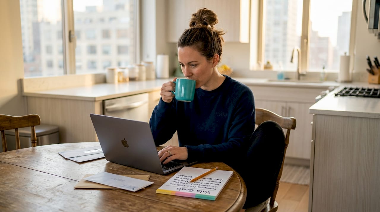 Woman reviewing savings goal spreadsheet at kitchen table