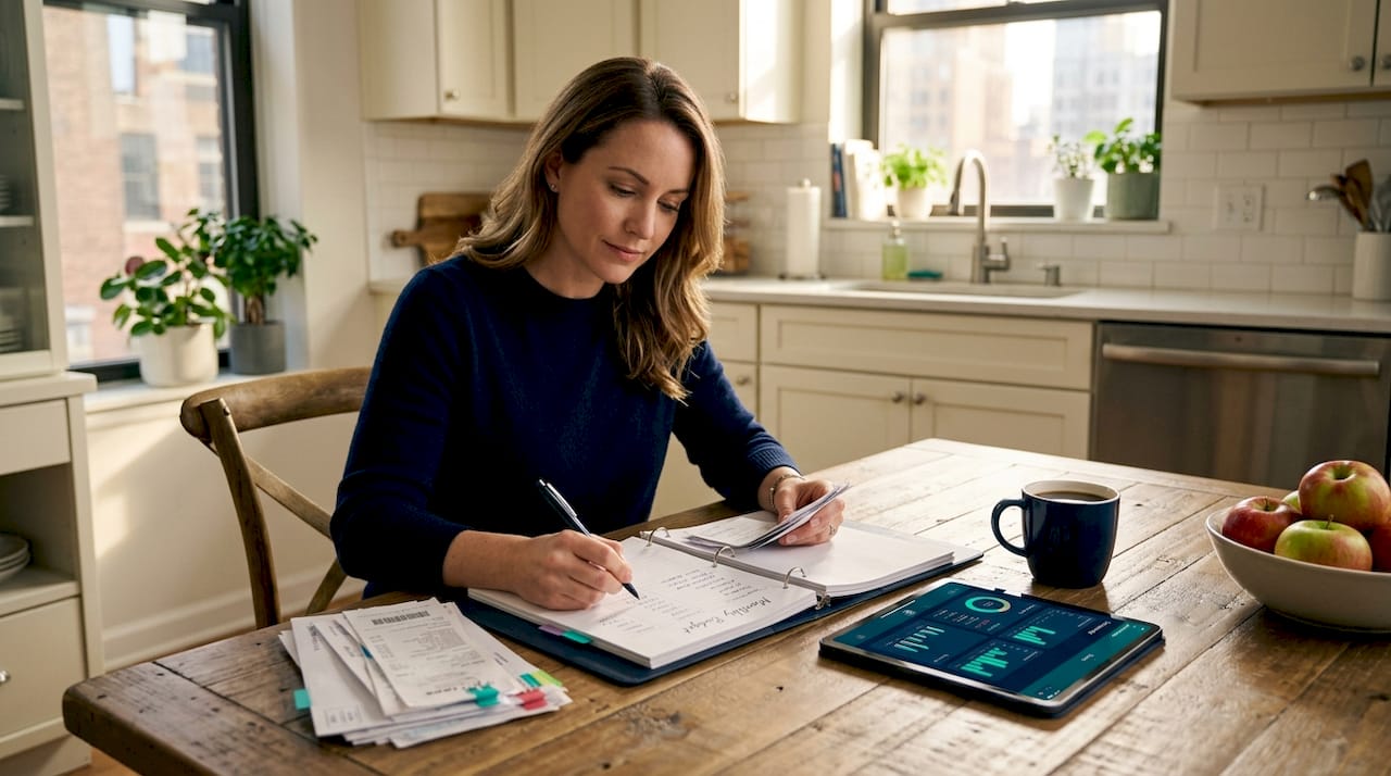 Woman planning monthly budget at kitchen table