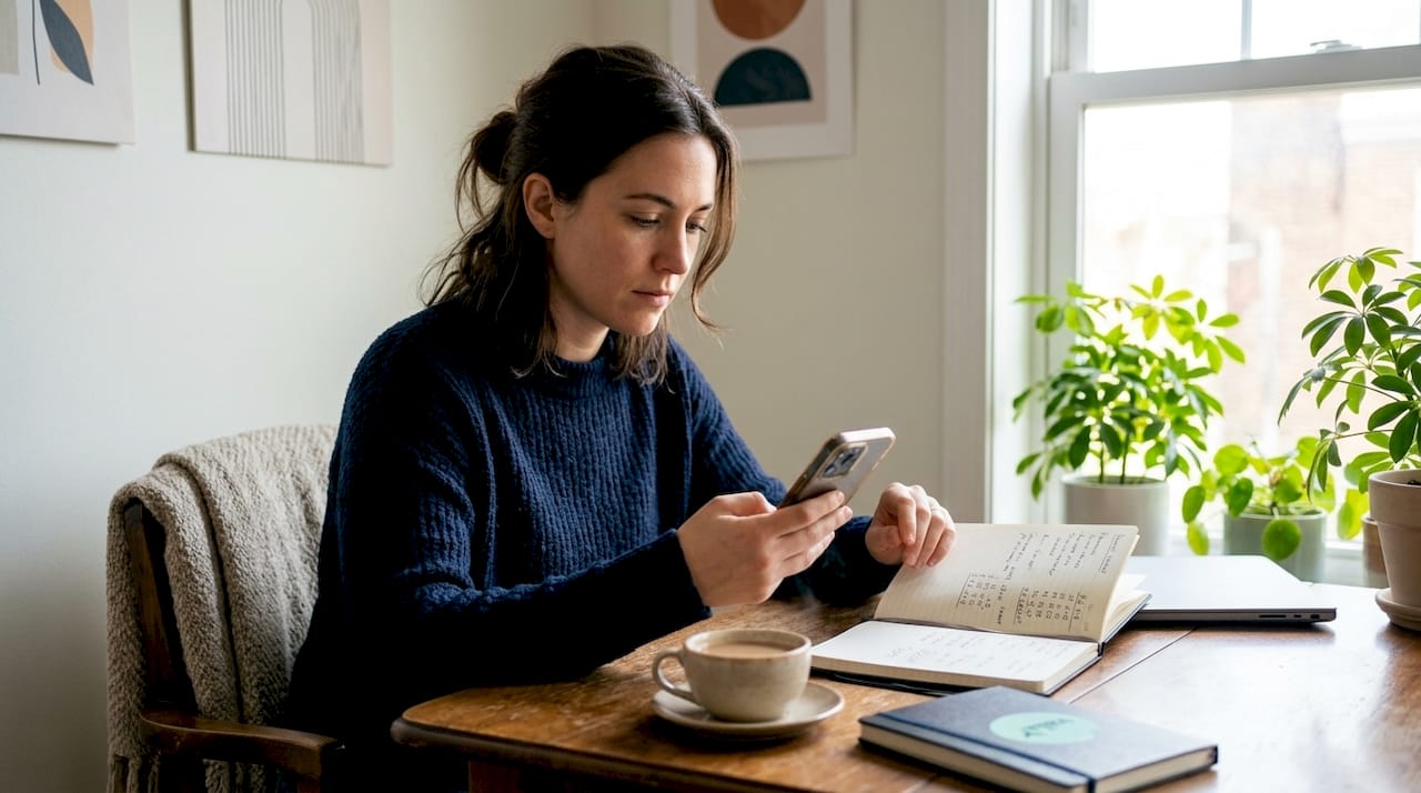 Young woman using budgeting app at home table