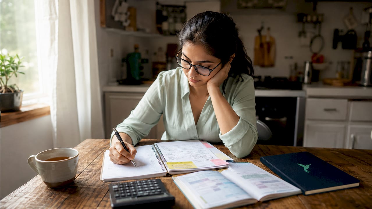 Young professional reviewing budget papers at home