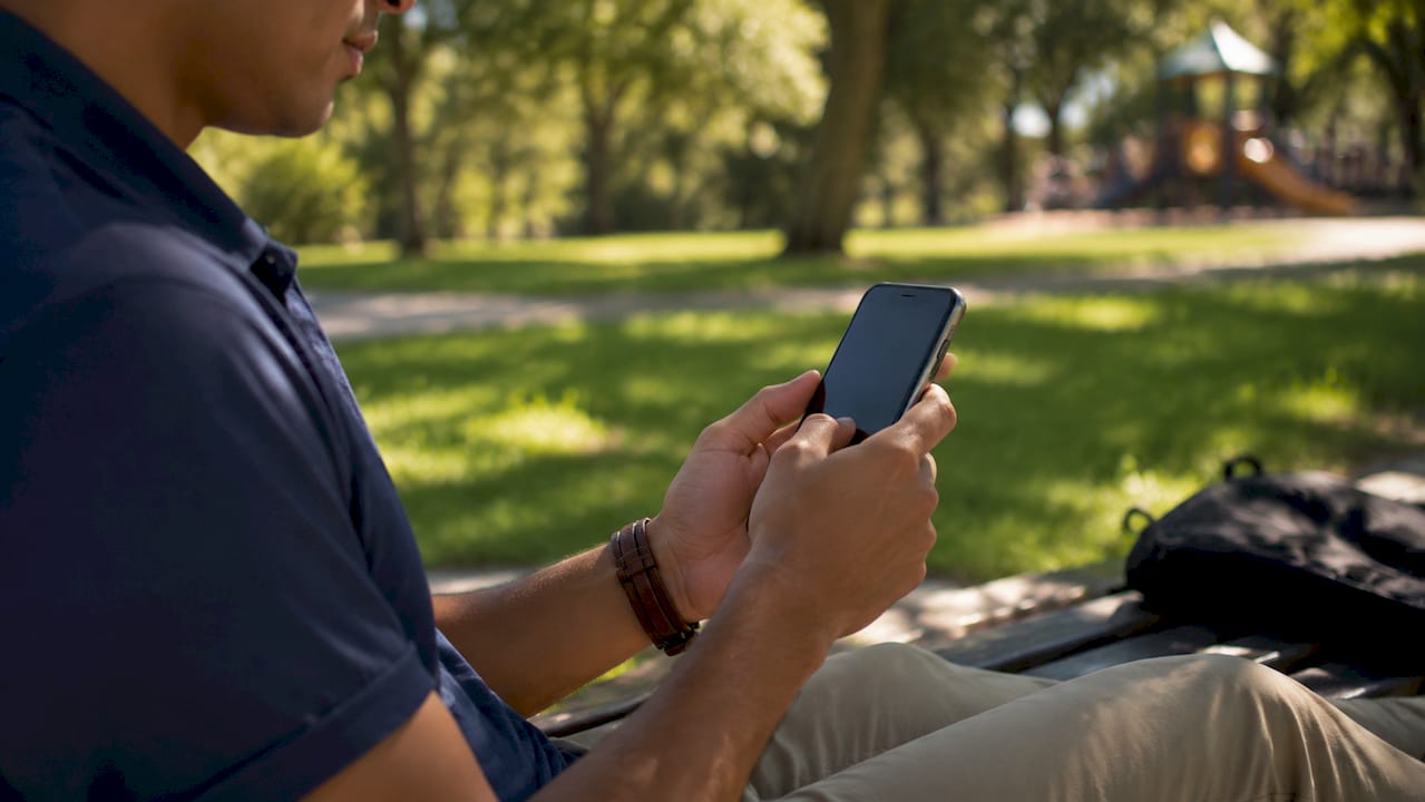 Hands using finance app on smartphone at café