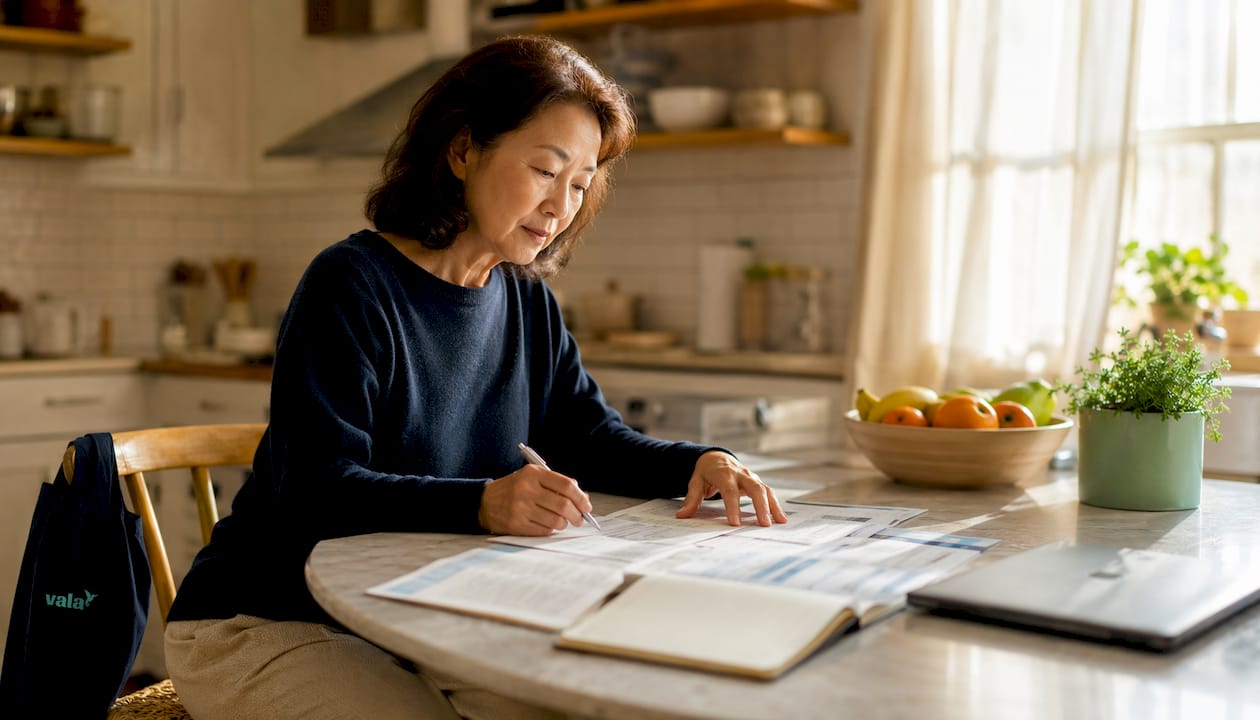 Woman tracking weekly budget in living room