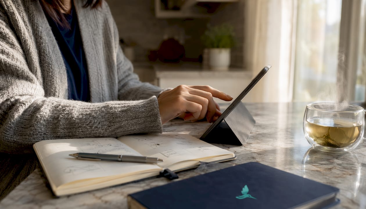 Hands setting up budgeting app on tablet