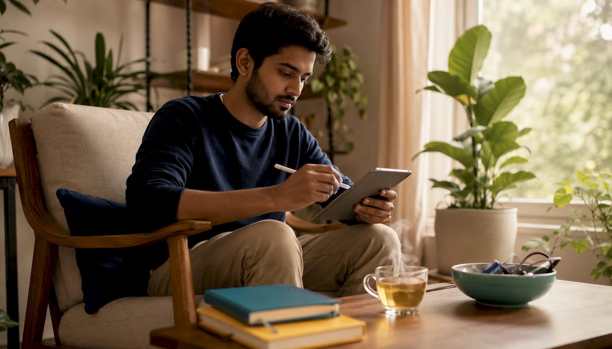 Man managing subscriptions on tablet