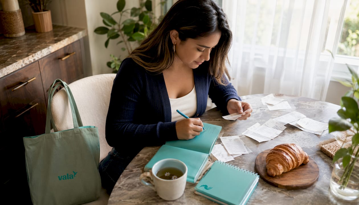 Woman reviewing expense reports at home office desk