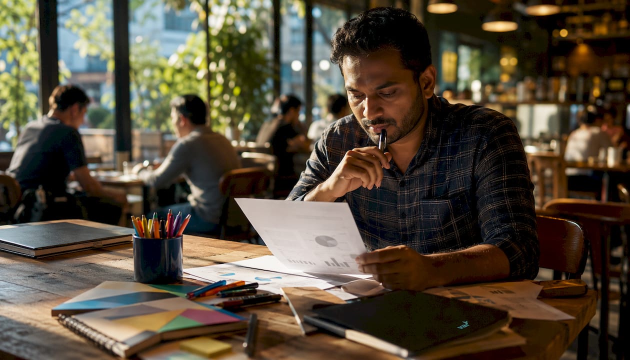Freelancer reviewing monthly budget papers at desk
