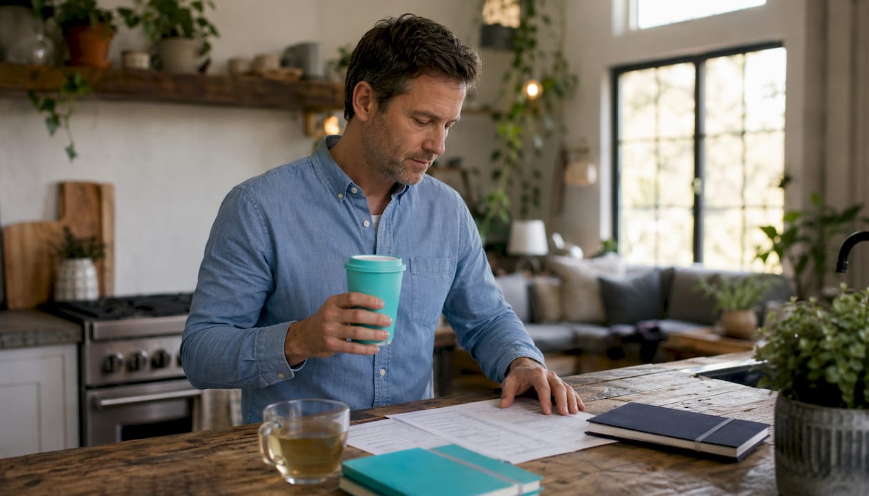 Hands holding coffee cup at home office desk