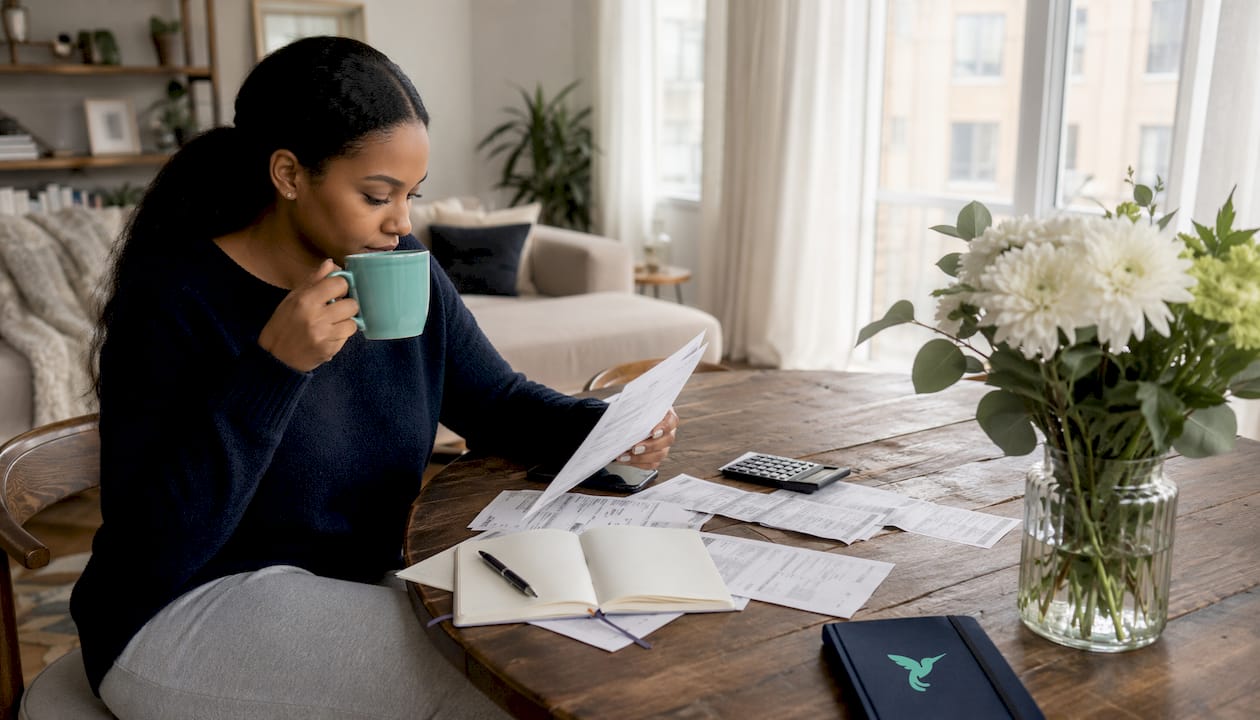 Woman reviewing expenses at kitchen table