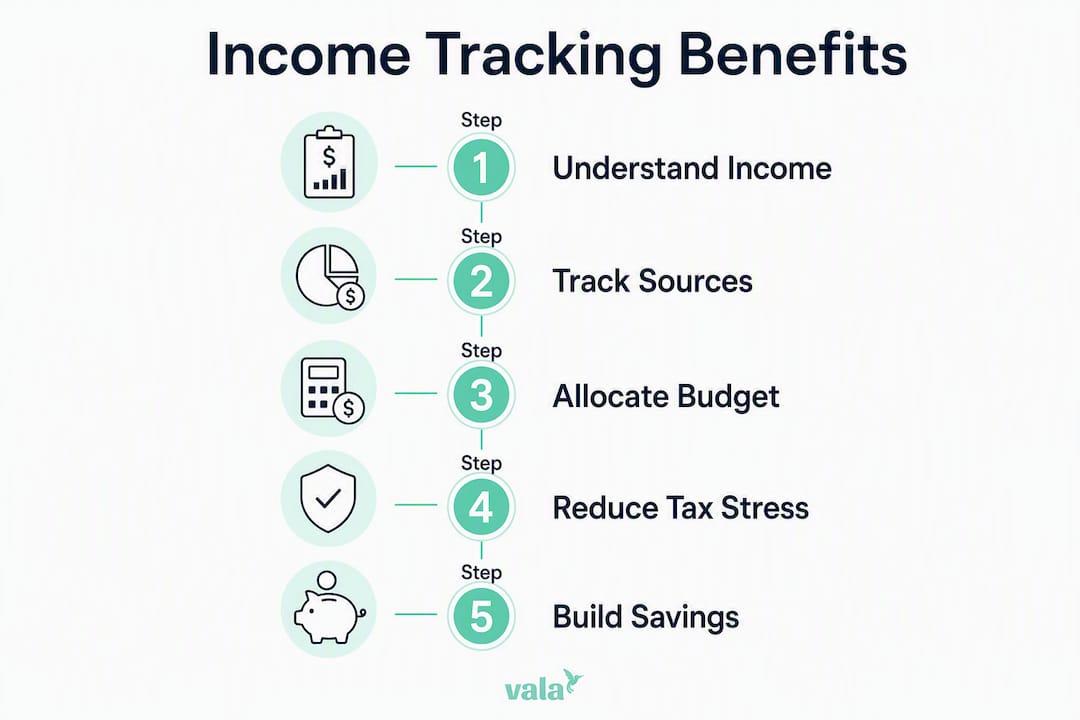 Infographic illustrating 5 steps of income tracking benefits
