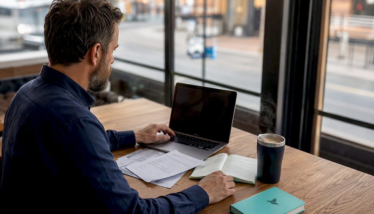 Man auditing subscriptions at office desk