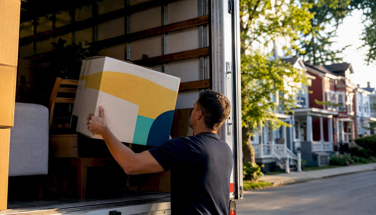 Hands loading box into moving truck