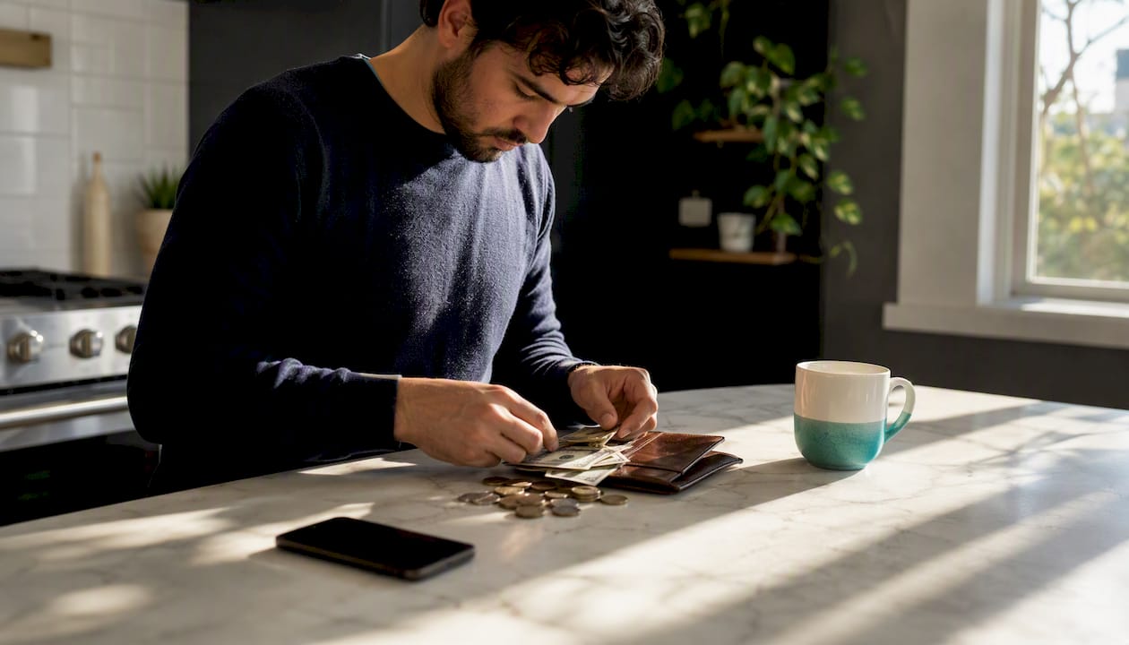 Hands organizing cash and wallet on kitchen table