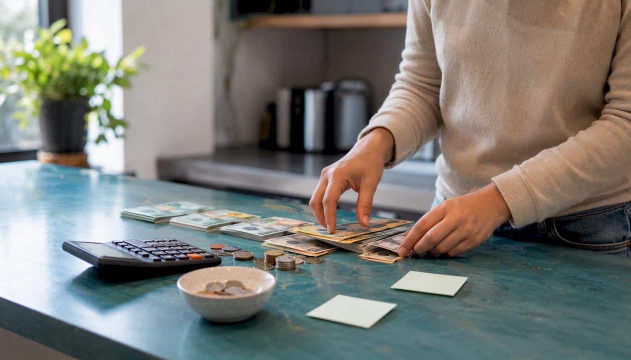 Hands counting cash on desk
