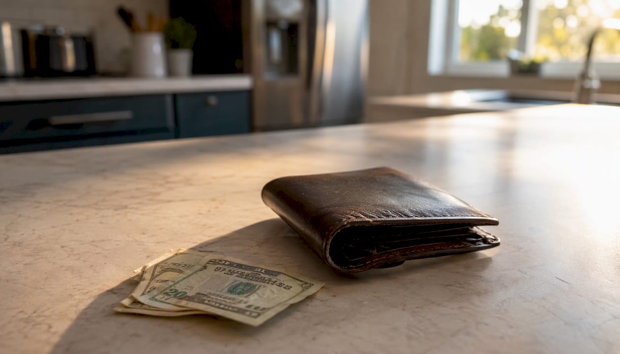Pay Yourself First Budgeting: Automate Savings Now 3 Nearly empty wallet with folded cash nearby