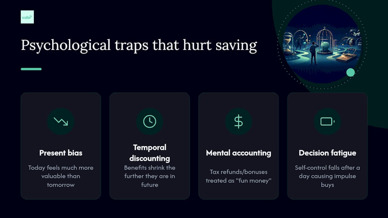 Why Is Saving Money So Hard? The Psychology Behind It 2 Diagram illustrating psychological traps affecting saving
