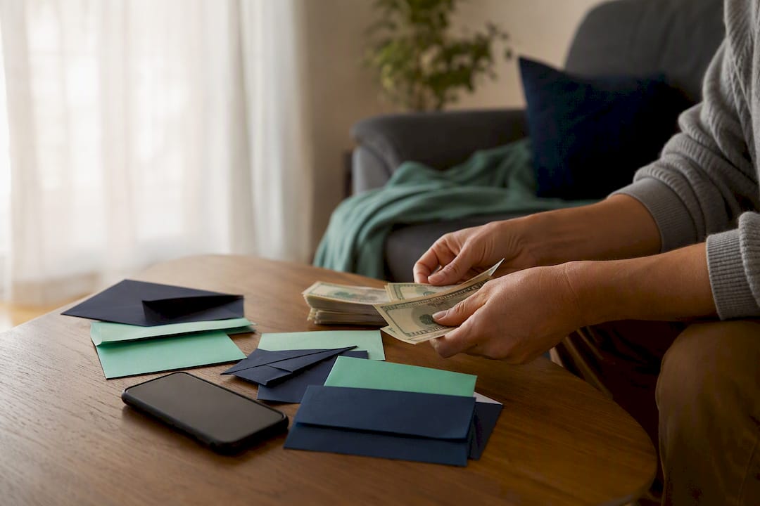 How To Split Expenses By Income: A Fair-Share Formula 2 Hands sorting cash envelopes and digital bill reminders