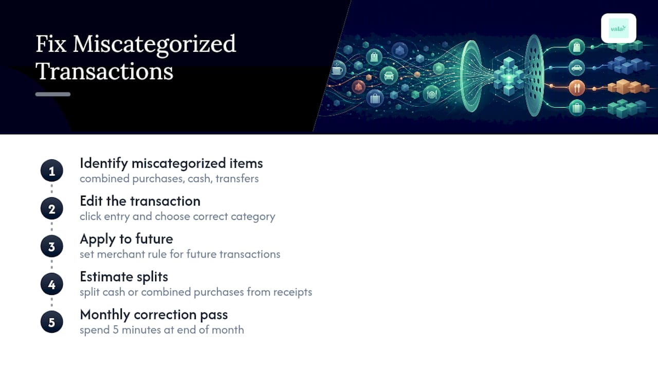 Find Recurring Leaks In A Weekend: Privacy Friendly Spending Analysis 2 Fixing Miscategorized Transactions — overview diagram