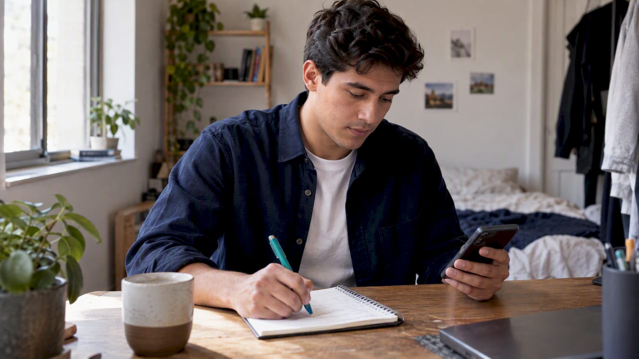 Young worker planning first paycheck budget