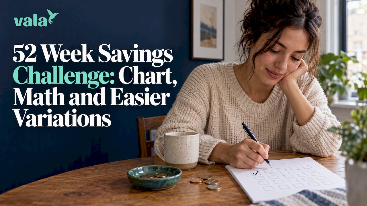 Savings tracker and coins on table